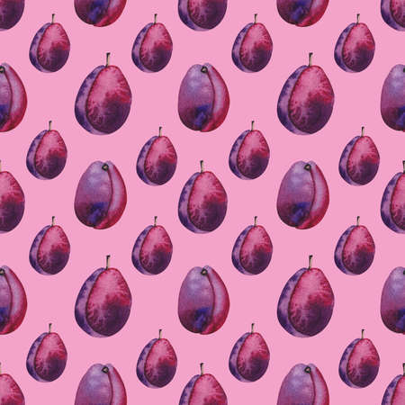 Watercolor pattern with plum on a pink backgroundの写真素材