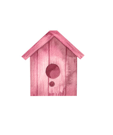 Watercolor hand-painted birdhouse on a white backgroundの写真素材