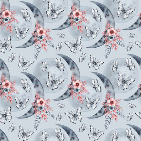 Watercolor pattern with phases of the moon and flowers in boho styleの写真素材