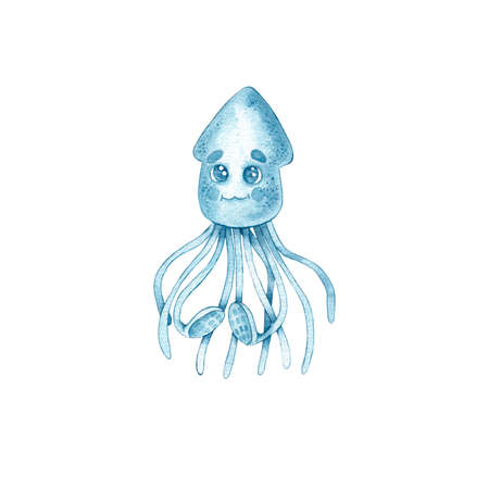 Watercolor blue cute Squid on White Backgroundの写真素材