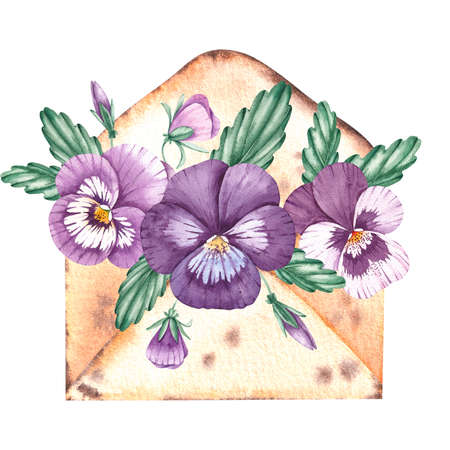 Watercolor envelope with pansies on a white backgroundの写真素材