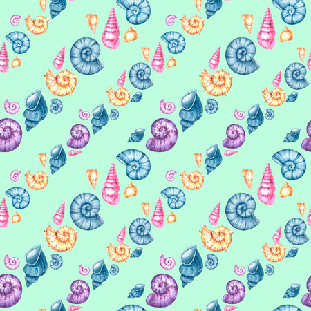 Watercolor marine pattern with shellsの写真素材