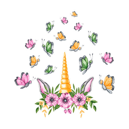Watercolor unicorn ears and horn with flowers and butterflies on a white background. Watercolor children's set for patterns, stickers, business cards, logos, holiday products, etc.の写真素材