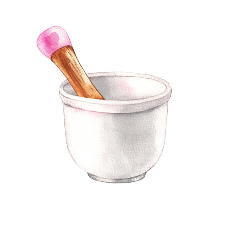Watercolor bowl and pestle on a white background for the design of packaging, product, fabric, postcard, logo, invitation, festival, invitations, websites, etc.の写真素材