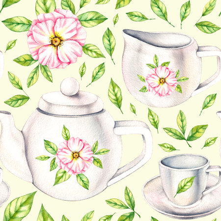 Watercolor pattern from a porcelain cup and teapot, flowers, bouquets on white. Isolated illustration for menu design, restaurant, packaging, cooking, textile, wallpaperの写真素材