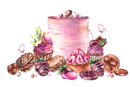 Watercolor desserts, cakes, cupcakes, chocolate covered strawberries, chocolate pieces, candies and balls on a white background for fabric design, textiles, packaging, wrapping paper, wallpapers, kitchen utensilsの写真素材