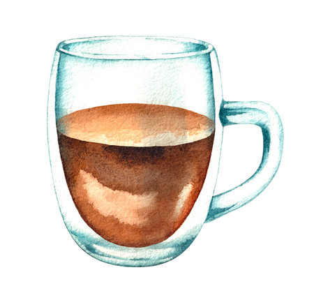 Watercolor illustration of a glass mug with tea on a white background isolated for the design of cards, packaging, logos, etc.の写真素材