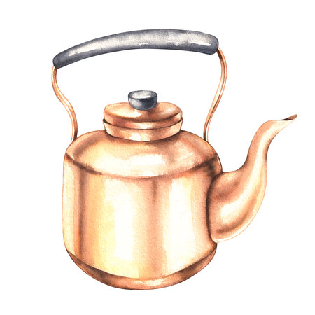 Watercolor illustration of a copper teapot with a black handle on a white background isolated for the design of cards, packaging, logos, etc.の写真素材