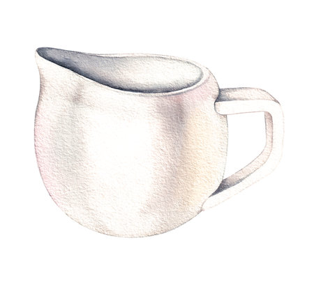 Watercolor illustration of a white ceramic milk jug on a white background isolated for the design of cards, packaging, logos, etc.の写真素材