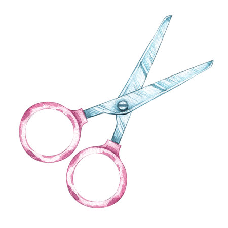 Watercolor scissors with a pink handle for a schoolboy on a white background. Isolated illustration for design stationery, packaging, postcard, logo, backgroundの写真素材
