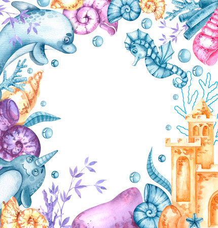 Watercolor frame with marine life, sand castle, seashells, corals on a white background. Marine illustration for packaging, labels, children's products, stationeryの写真素材