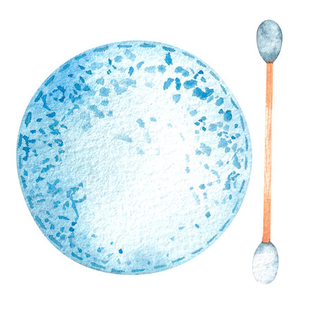 Illustration of eco-friendly cotton swab and disk. Eco products watercolor for graphic and web design, business presentations, marketing and printed materials. Ecology and environmental protection. International Mother Earth Day.の写真素材