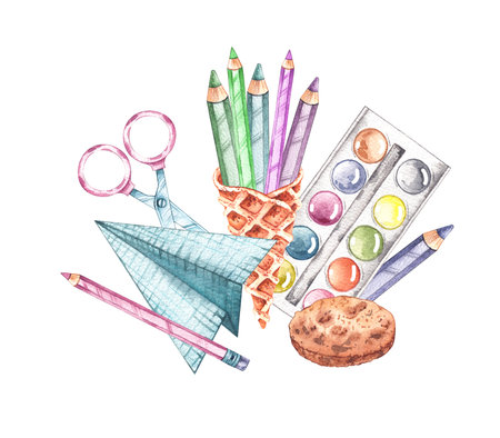 Back to school stationery composition. Hand-painted watercolor illustration of stationery, tools and school supplies for packaging design, notebooks, cards and backgroundsの写真素材