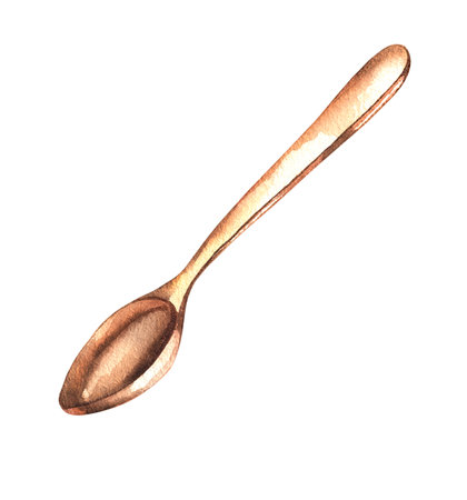 Copper teaspoon isolated on white background. Watercolor kitchen utensils hand drawn. Spoon packaging design, backgrounds, labels, etc.の写真素材