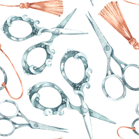 Sewing scissors seamless pattern. Pattern with watercolor elements on a white background. Hand drawn sewing tools for fabric design, packaging, , wallpaperの写真素材