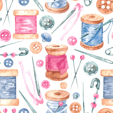 Pattern of tools for sewing on a white background. Threads, needles, pins hand-drawn watercolor elements for the design of textiles, fabrics, , postcards, business cardsの写真素材