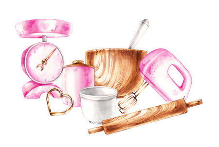 Watercolor composition of baking tools isolated on a white. Pink pastry chef tools for design postcard, packaging, label, package, restaurantの写真素材