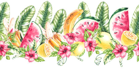 Watercolor tropical horizontal pattern. Seamless pattern with fruits, hibiscus flowers. Seamless...
