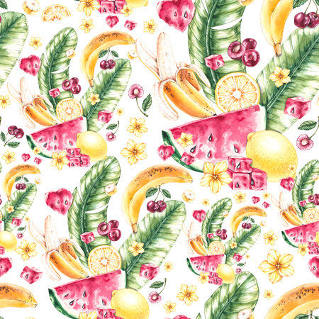 watercolor tropical pattern. Seamless pattern with fruits. Seamless pattern for the design of...
