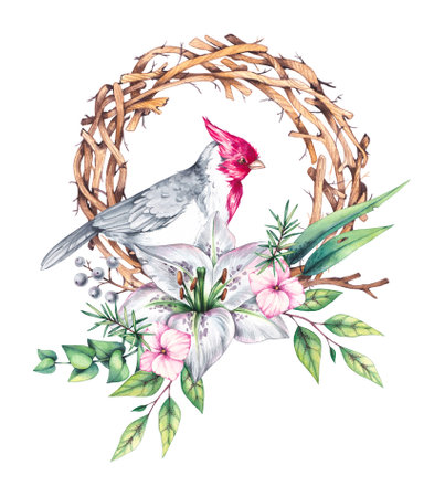 Watercolor birds with flowers. Red cardinal bird, bouquets and wreaths on white. Birds and flowers hand drawn isolated. Compositions with birds for cards, invitations, patternsの写真素材