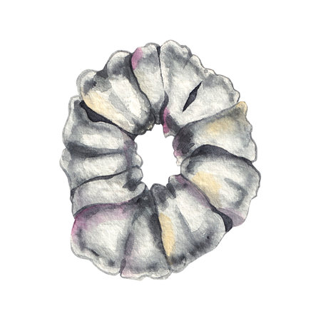 Watercolor hair color Textile elastic band on white. Hair bun accessory hand drawn isolated. Hair accessory for packaging design, logo, printingの写真素材