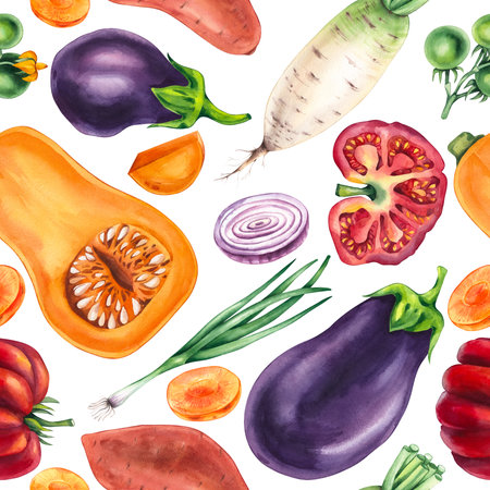 Watercolor vegetable pattern hand drawn vegetablesの写真素材