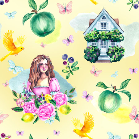 Hand drawn watercolor illustration Whispers of the Gardenの写真素材