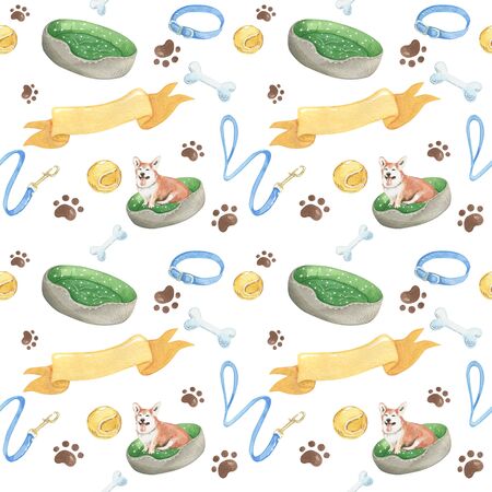 Corgi dog and wild plants. Seamless pattern.の写真素材