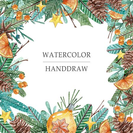 Watercolor Christmas square frame with fir branches and place for text.の写真素材