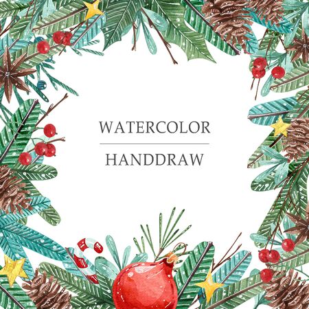 Watercolor Christmas square frame with fir branches and place for text.の写真素材