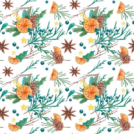 seamless pattern with pine cones and branches. Hand painted illustrationの写真素材