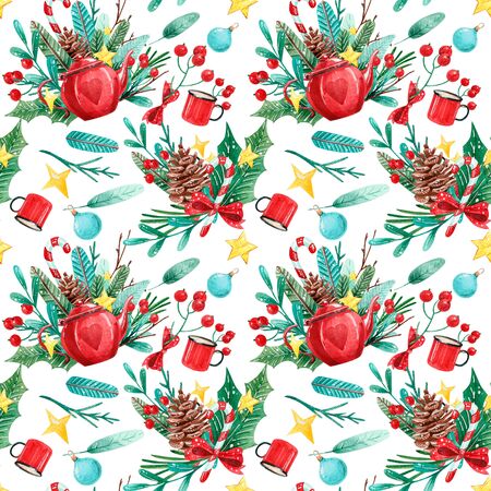 seamless pattern with pine cones and branches. Hand painted illustrationの写真素材