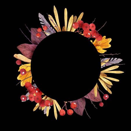 Watercolor autumn frame with leaves and branches. Botanic composition for greeting cards.の写真素材