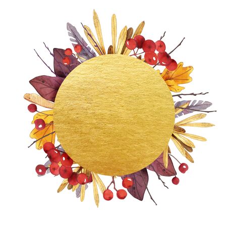 Watercolor autumn frame with leaves and branches. Botanic composition for greeting cards, wedding invitations, floral poster and decorations.の写真素材