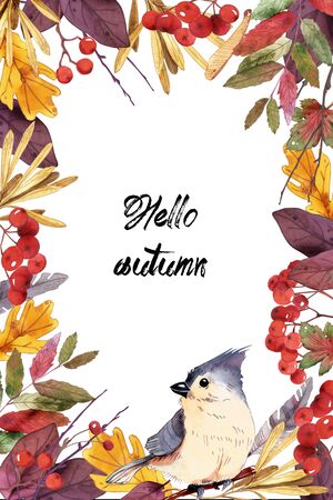 Watercolor banner of leaves and branches isolated on background. Autumn illustration for greeting cards, wedding invitations, quote and decorations.の写真素材