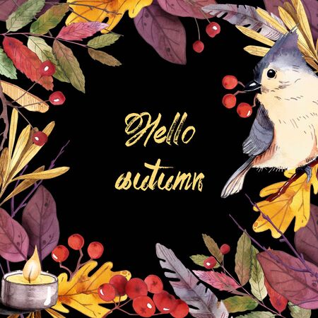 Watercolor banner of leaves and branches isolated on background. Autumn illustration for greeting cards, wedding invitations, quote and decorations.の写真素材