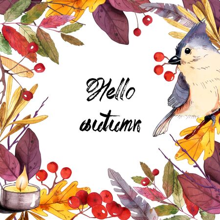 Watercolor banner of leaves and branches isolated on background. Autumn illustration for greeting cards, wedding invitations, quote and decorations.の写真素材