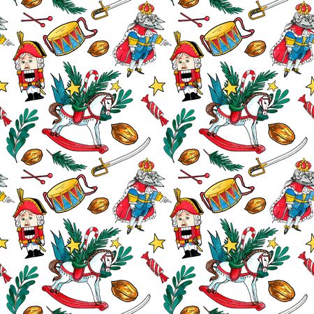 Seamless pattern of vintage toys. Fairy tale nutcracker.の写真素材
