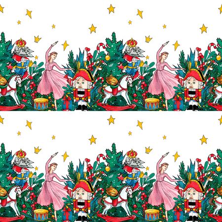 Seamless pattern of vintage toys. Fairy tale nutcracker.の写真素材