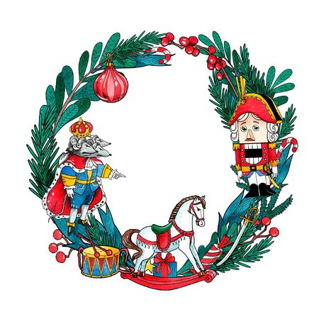 Christmas wreath. Watercolor illustration Nutcrackerの写真素材