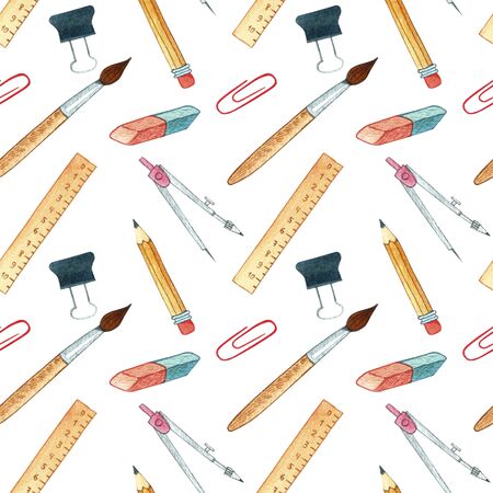 Seamless pattern of school supplies. Hand-drawn Doodle illustrations. Back to school.の写真素材
