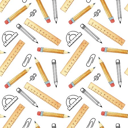 Seamless pattern of school supplies. Hand-drawn Doodle illustrations. Back to school.の写真素材
