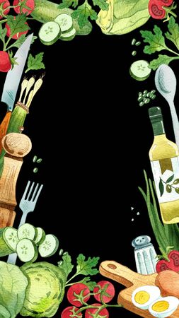 Stories of eco food for design web, menu, background. Watercolor hand drawn.の写真素材