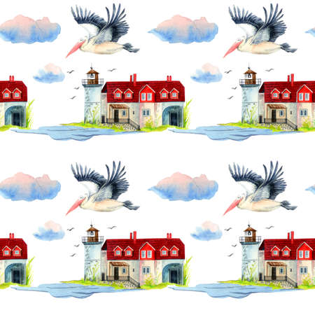 Watercolor sea signs pattern. Seamless texture with various lighthouses, anchor and seagulls.の写真素材