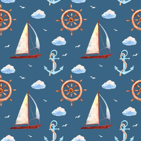 Watercolor sea signs pattern. Seamless texture with various lighthouses, anchor and seagulls.