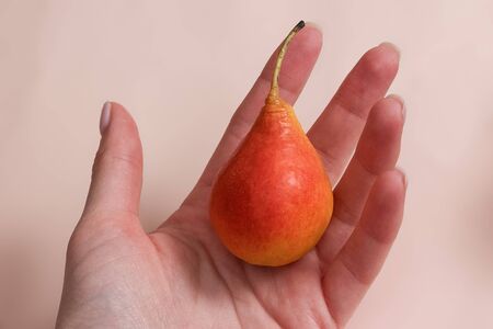 Woman hand holding a pear on pastel backgroundの写真素材