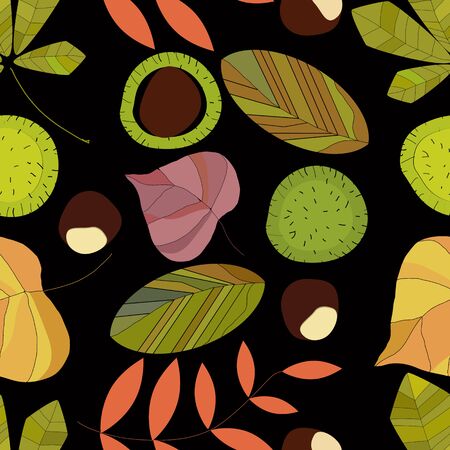 Autumn composition of leaves and fruit trees on a dark background.Chestnuts. Seamless pattern.のイラスト素材