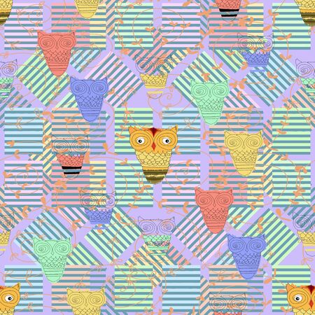 Background with owls and stripes in bright colors.Seamless.のイラスト素材