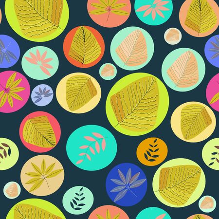 Seamless pattern of colorful leaves on a dark background.のイラスト素材