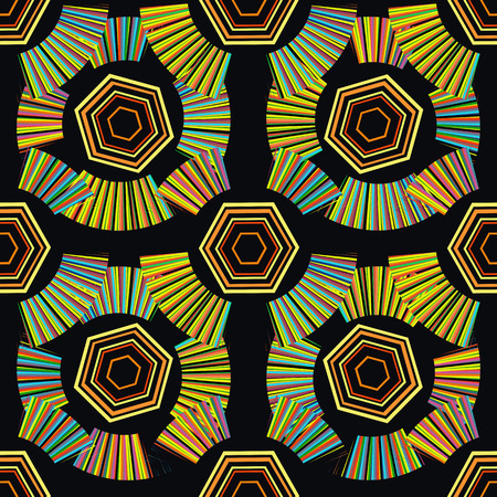 Seamless stripe and pentagons on a black background.のイラスト素材